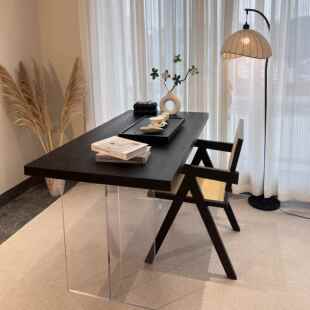 侘寂风黑色实木阳台悬浮茶桌椅组合家用原木大板茶台小户型泡茶桌