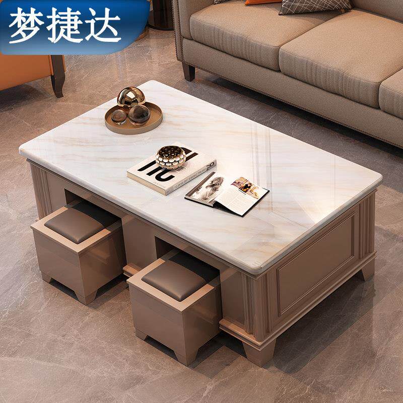 简约客厅家用天然大理石茶几加电视柜组合带凳子大坪数家用茶桌