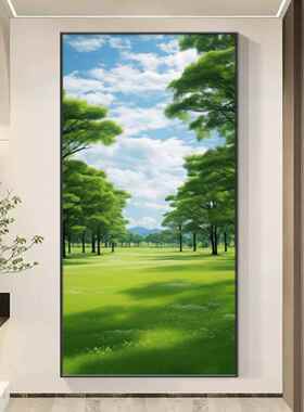 绿色森林高档入门玄关装饰画写实风树木挂画蓝天白云风景墙壁挂画