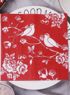 Runlux中国风格彩色印花餐巾纸国家潮流纯木浆餐巾纸2层红色花鸟5