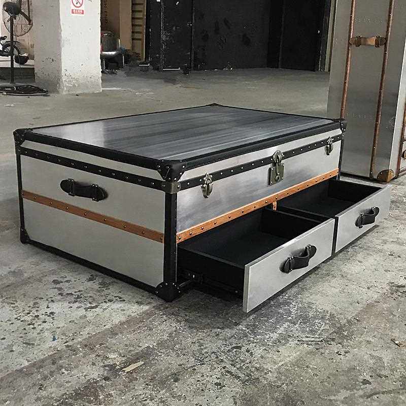 新款直销复古铝皮箱子茶几个性做旧loft工业风行李箱茶几中古风金