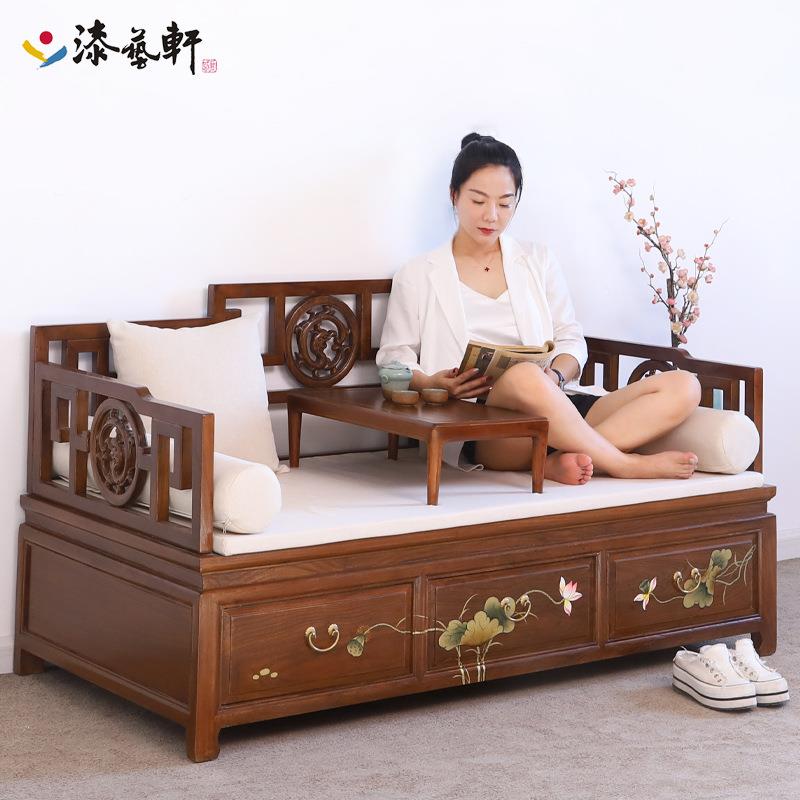 新中式全实木罗汉床推拉箱式储物沙发床小户型伸缩客厅禅意贵妃榻