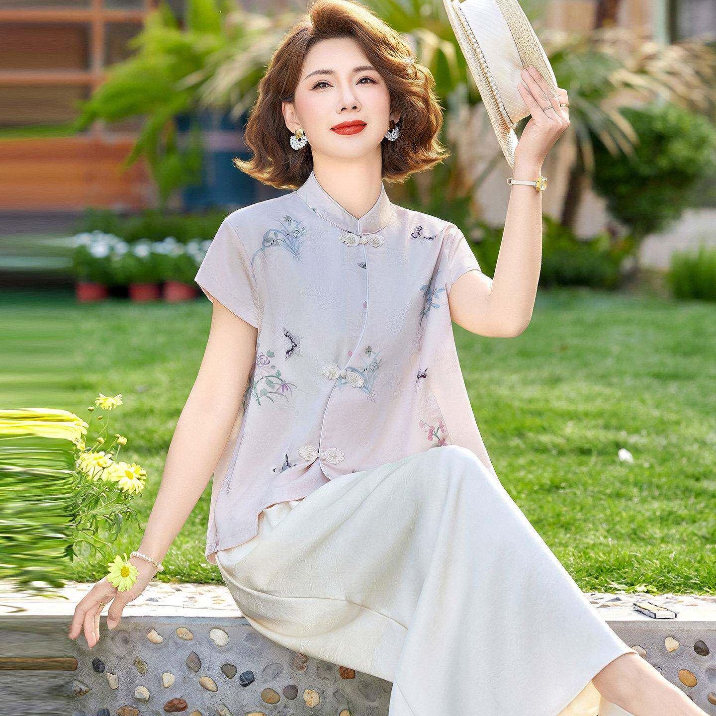 国风中年衬衫女立领夏装桑蚕丝100%两件套大码妈妈九分阔腿裤套装