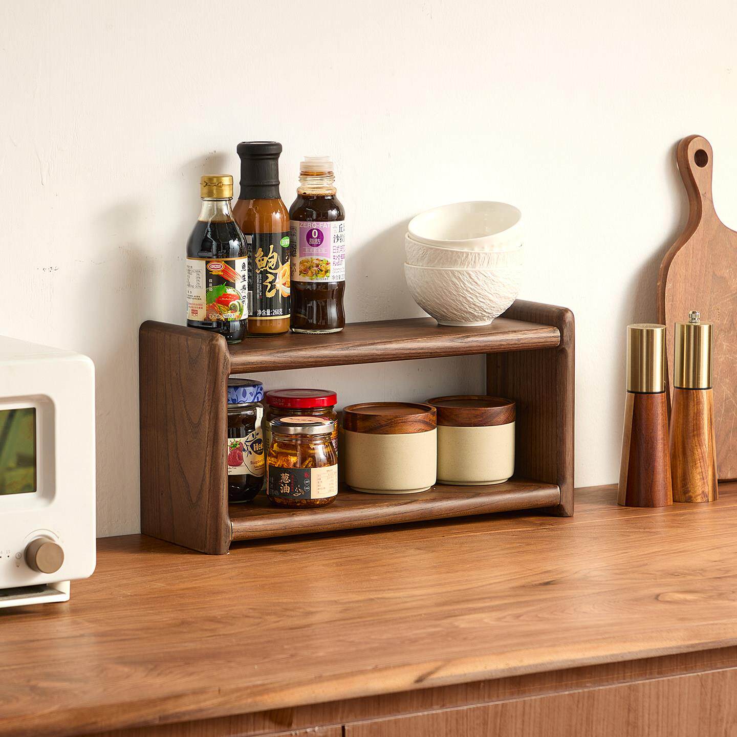 实木桌面置物架双层茶具咖啡杯子收纳架小型博古架厨房调料架子