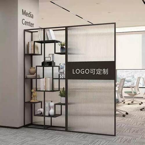 公司前台logo铁艺玻璃隔断展示架办公室隔断屏风展厅形象墙置物架