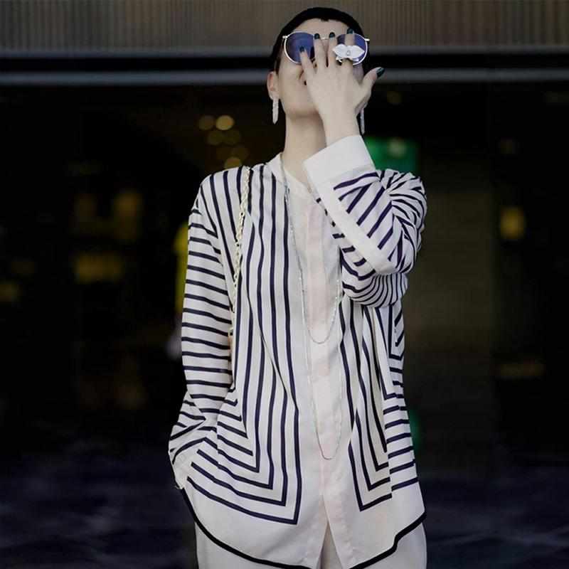 商场撤柜2025初秋新款别致独特小众超好看的冷淡系黑色条纹衬衫女