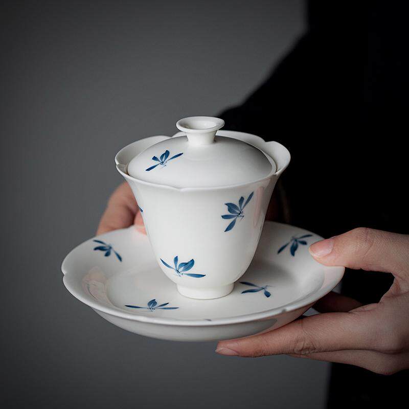 纯手绘蝴蝶兰花葵口三才盖碗茶杯单个陶瓷茶碗带盖家用泡茶器防烫