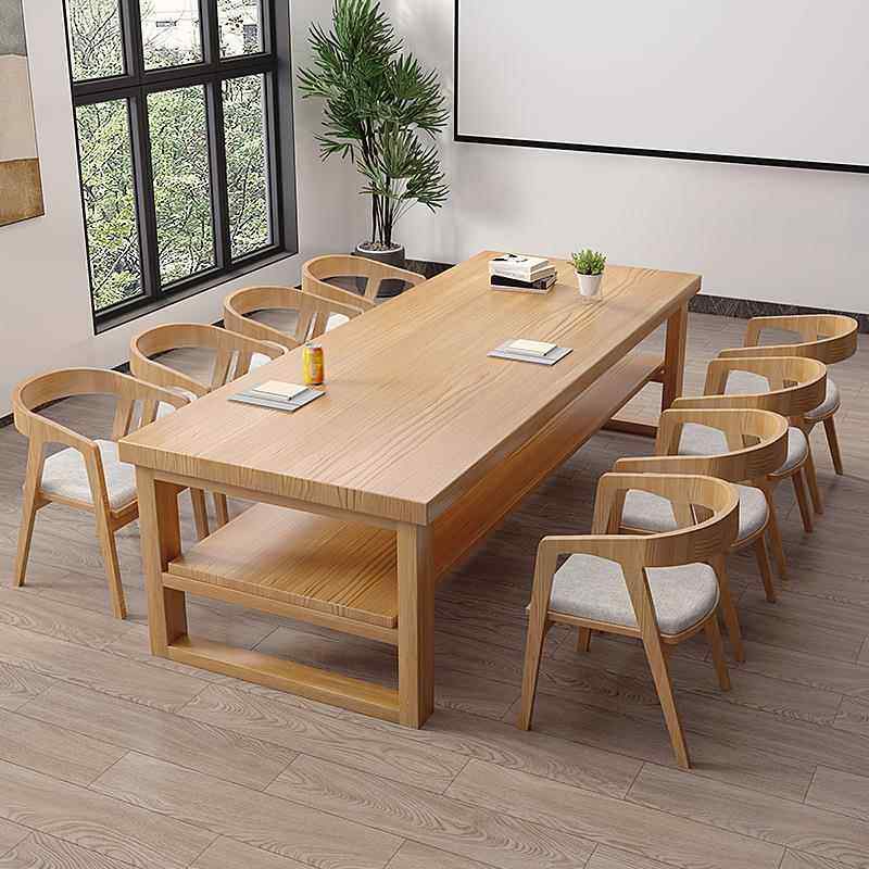 客厅简约实木双层书桌长条桌书房原木学习桌工作台会议桌办公桌椅