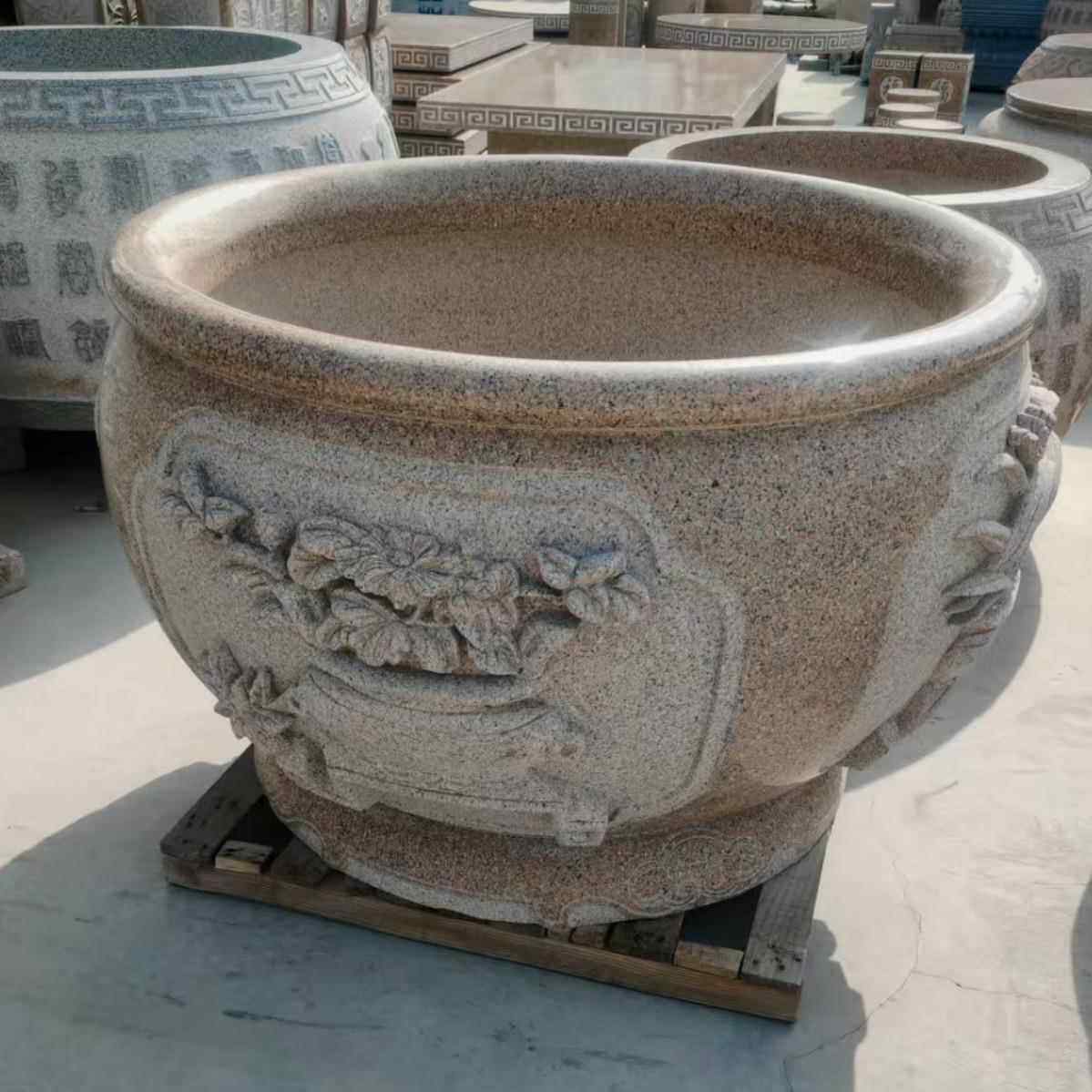 仿古青石圆形大缸花岗岩石花盆鱼缸摆件石雕花盆鱼缸 荷花缸