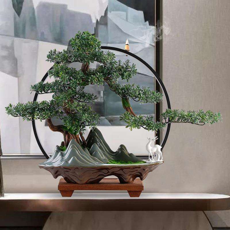 仿真迎客松崖柏盆景摆件创意客厅办公室玄关景观盆栽装饰绿植摆设