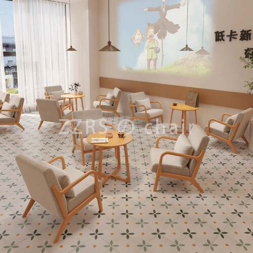 奶油风实木咖啡厅奶茶店桌椅组合清吧民宿接待区洽谈休闲沙发商用