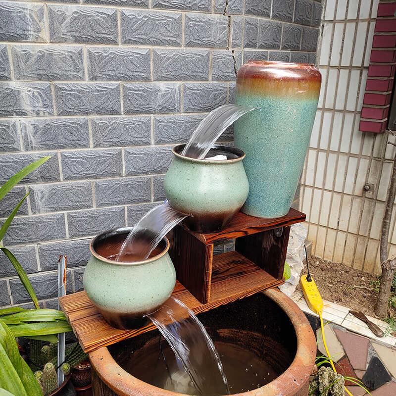 古法养鱼生态鱼缸瀑布流水造景创意摆件庭院鱼池过滤循环流水陶罐