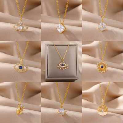 Evil Eye Sun Necklace for Women Gold Color Chains Stainless