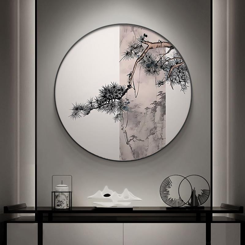 中式松树竹禅意挂画软装客厅茶室背景墙装饰画样板房玄关圆形壁画图片
