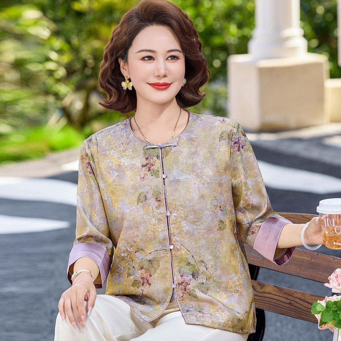 民族风中年衬衫女开衫夏装桑蚕丝100%套装妈妈圆领真丝印花上衣薄