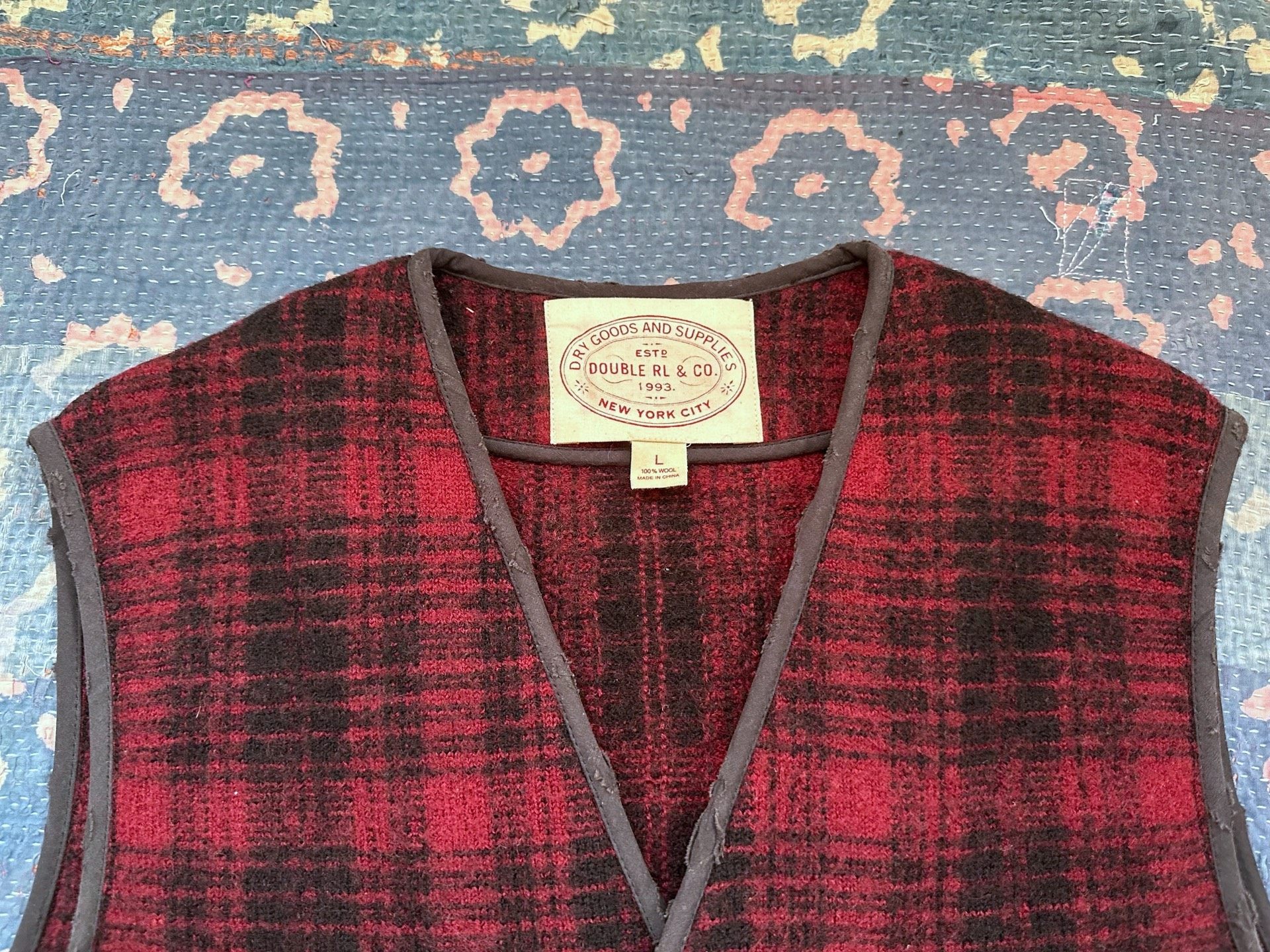 RRL Red Black Plaid Four-Pocket Vest — label