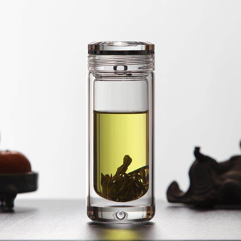 高档热销双层水晶玻璃杯U型带盖便携杯办公泡茶杯茶水分离杯水杯