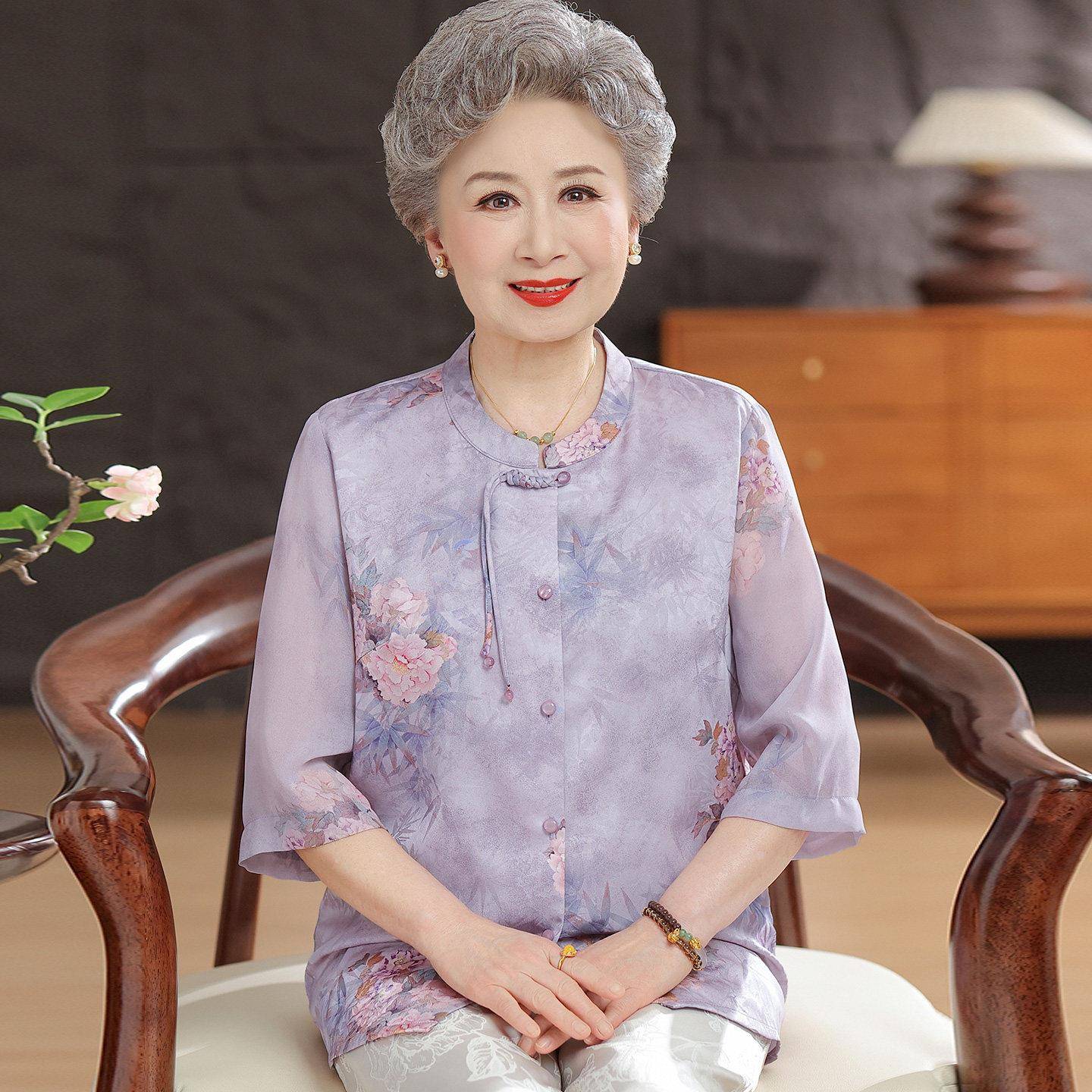 国风中老年人衬衫女开衫夏装桑蚕丝100%套装大尺码奶奶真丝立领上