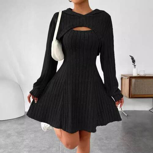 Plus Size Women's Elegant Short Dress Set Long Sleeve V