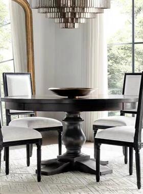 美式实木复古轻奢雕刻圆餐桌原木做旧简约北欧橡木欧式整装