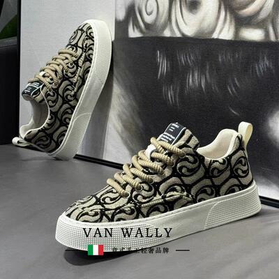 VAN WALLY男鞋新款低帮印花板鞋百搭软底运动休闲 潮鞋男士帆布鞋