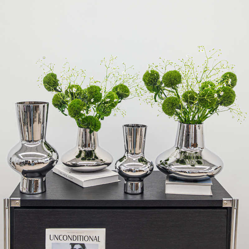 现代简约餐桌电镀银色玻璃花瓶摆件客厅轻奢插花高级感装饰品,家居饰品,花瓶,淘宝优惠券,粉丝福利购,淘宝优惠卷