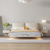 简约现代布艺悬空床奶油风悬浮床齐边软床轻奢主卧双人软包床带灯