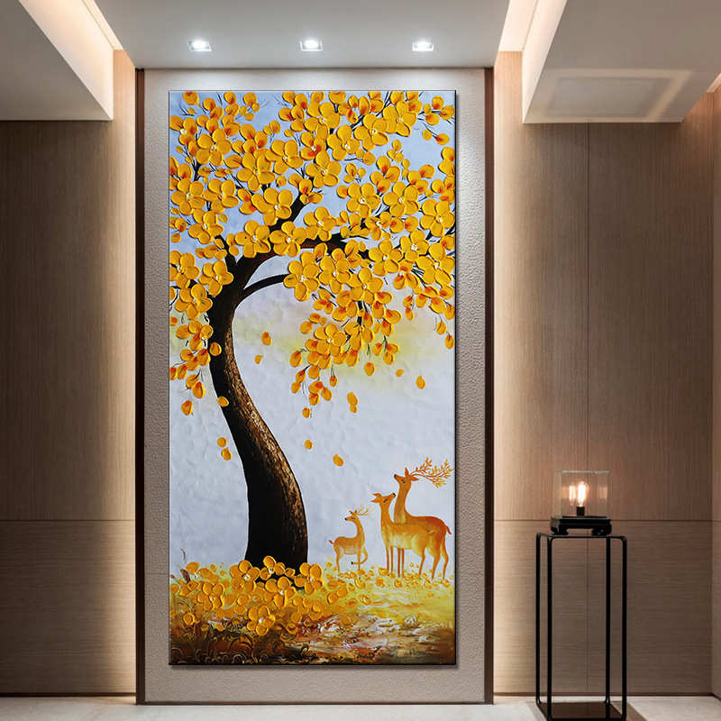 现代纯手绘装饰油画厂家纯装饰厚肌底酒店画发财树立体图片