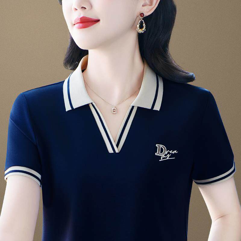翻领短季袖89899120恤女夏棉新款时尚质中年妈妈显白装衫夏岁