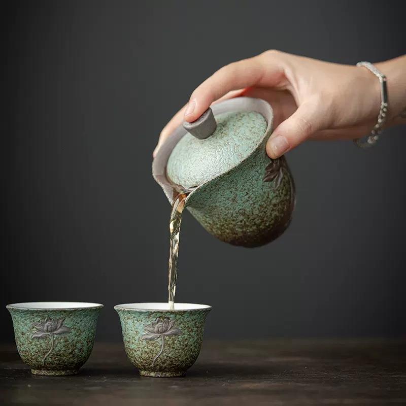 复古粗陶快客杯一壶两杯家用陶瓷便携茶具户外旅行茶具套装泡茶器