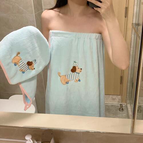馨帮帮杂货铺 魔术贴浴巾珊瑚绒裹巾吸水速干 干卡通可爱小狗浴裙