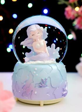 新款直销海洋美人鱼水晶球女生梦幻泡泡公主八音盒水球发光飘雪花