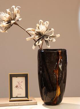 高级感黑色橘水纹复古插花器软装摆件花瓶样板房现代装饰品