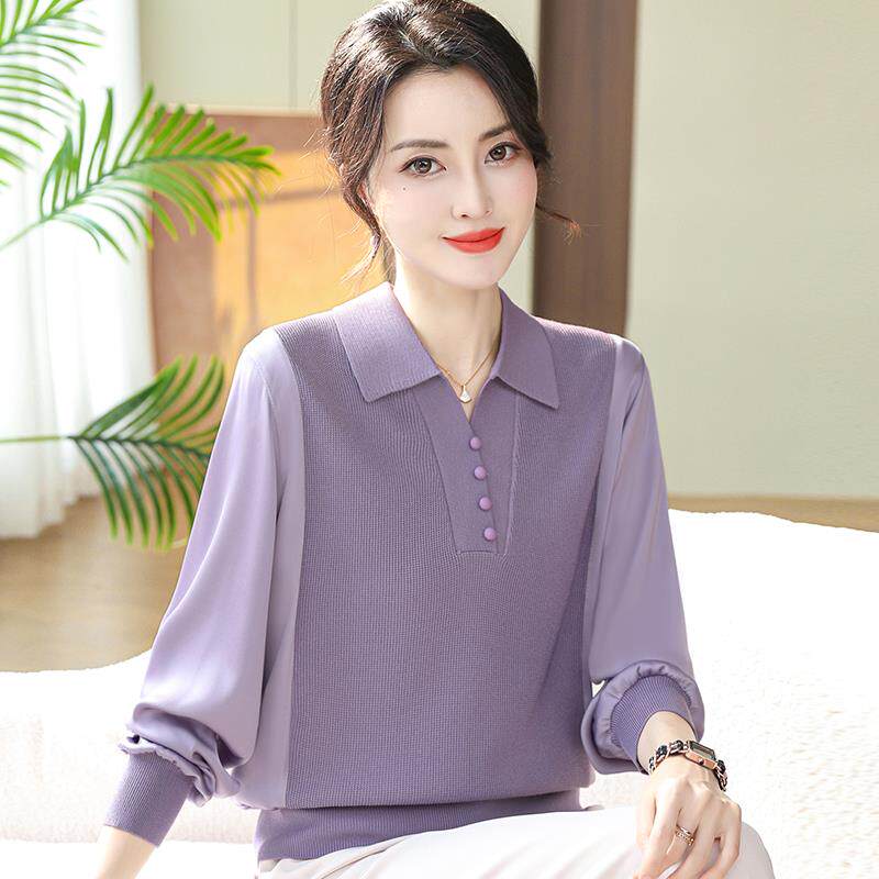 洋气妈妈春夏装翻领真丝上衣长袖大码中年女士T恤桑蚕丝100%套装