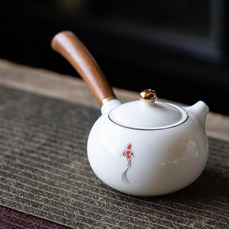 德化羊脂玉瓷锦鲤茶壶侧把壶功夫茶具红茶泡茶器陶瓷泡茶单壶白瓷