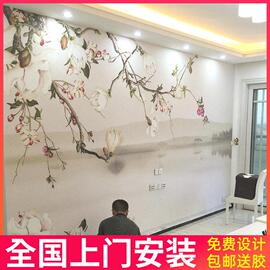 8d新中式壁画手绘玉兰，花鸟壁纸客厅电视，背景墙卧室沙发无纺布墙纸