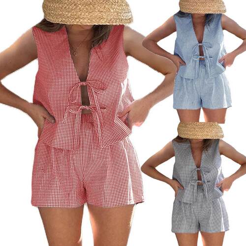 Summer New Casual Fitted Set Women's Fashion Gingham