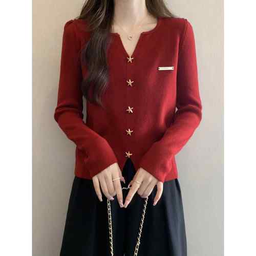 新款洋气秋冬大码宽松胖减龄毛衣女v领红色上衣内搭针织打1218h