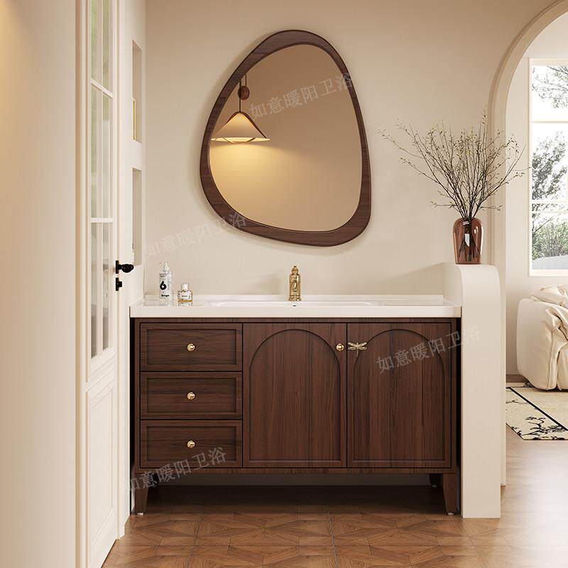 中古风实木浴室柜组合陶瓷一体盆简约卫生间落地洗手洗脸盆柜定制
