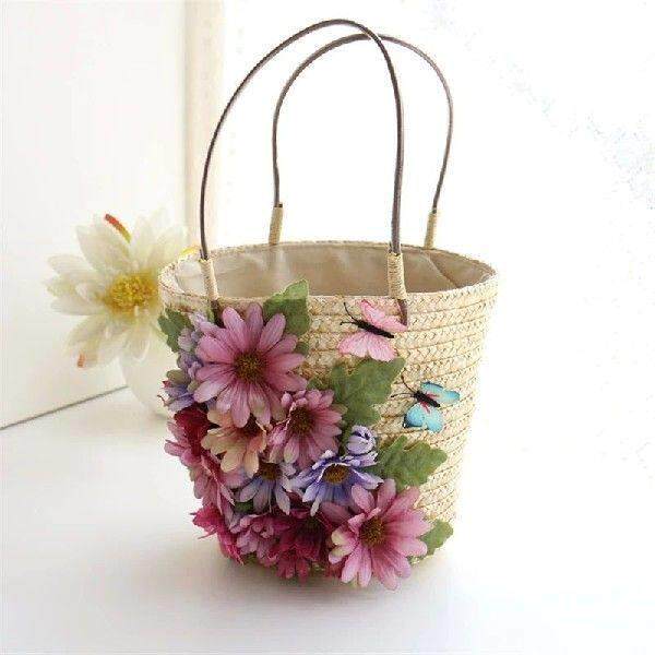 Handmade Flower Storage Bag Portable Straw Shoulder Woven