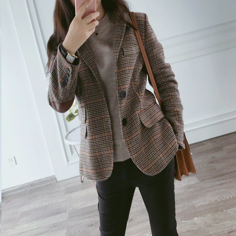 格子西装外套女2025新款春秋韩版宽松短款气质毛呢休闲小西服上衣