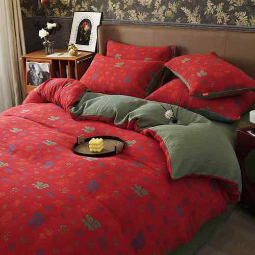 A类双层纱百福四件套床上全棉床品纯棉床单被套大红色婚庆结婚用