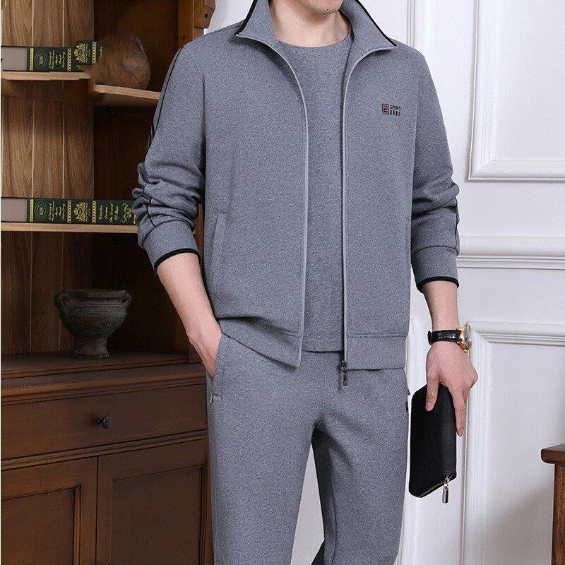 高端运动服套装男士2024春秋薄款休闲大码正品外套中年爸爸三件套