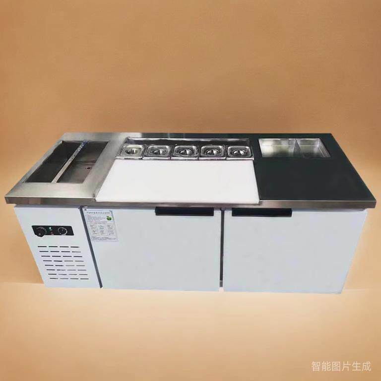 汉堡店操作台商用擀面台不锈钢冷藏披萨台塔斯汀中心岛保鲜工作柜