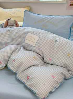 学生宿舍全棉刺绣四件套新开学上KZV下铺垫枕芯被芯懒人生纯套床