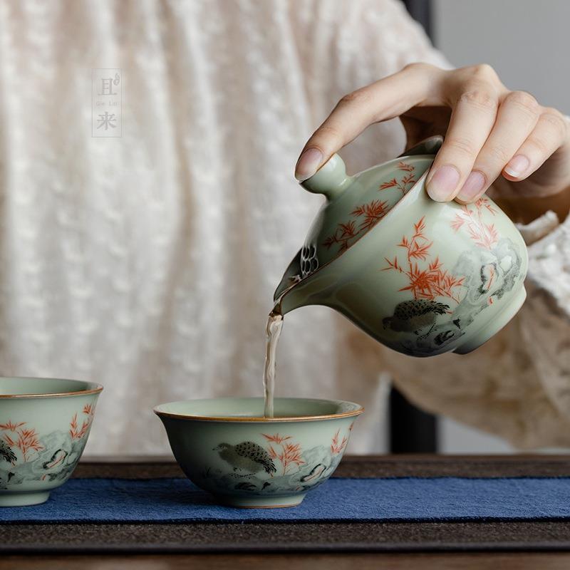 且来秘黄汝窑一壶两杯旅行茶具家用陶瓷便携式户外茶具手抓壶茶杯