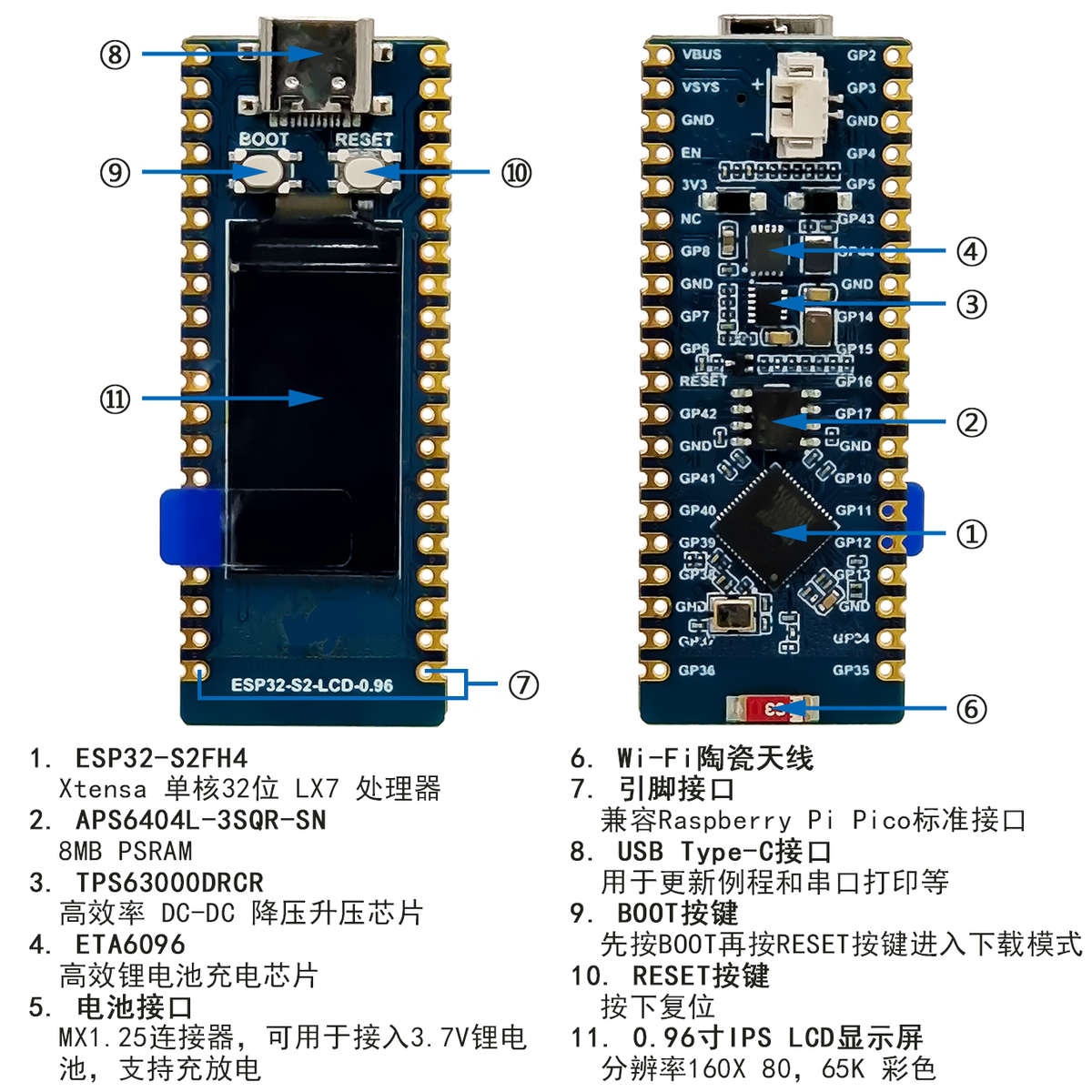 ESP32-S2 WiFi开发板 RP2040控制 0.96寸LCD显示屏扩展 支持Pico