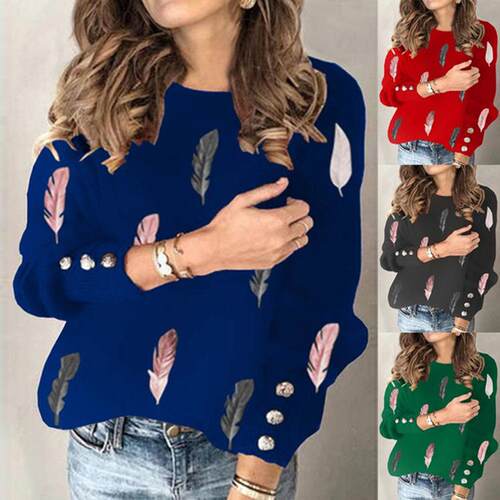 Feather print long sleeved knitted sweater sweater top
