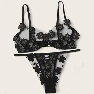 flower mesh see sexy underwear Embroidered through set lace