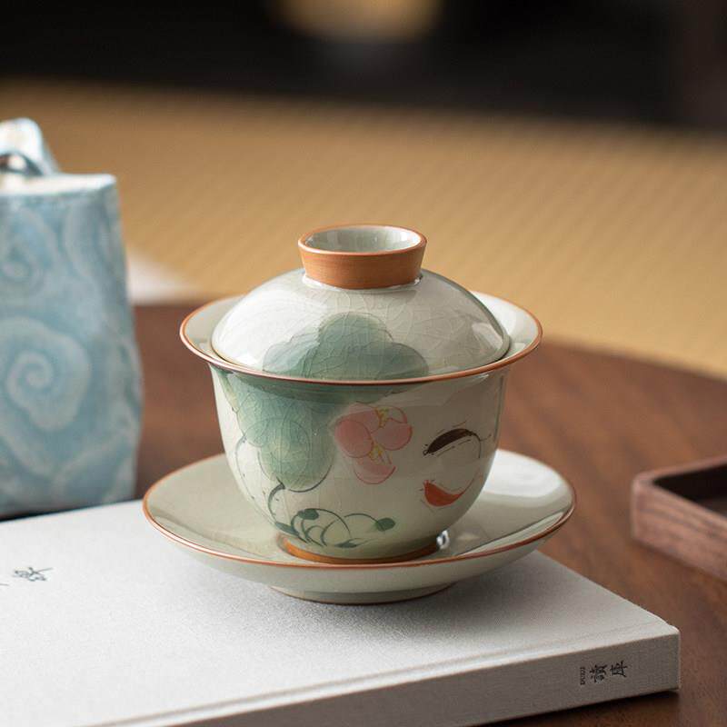 哥窑手绘荷花三才盖碗功夫茶具家用办公陶瓷泡茶碗带布袋